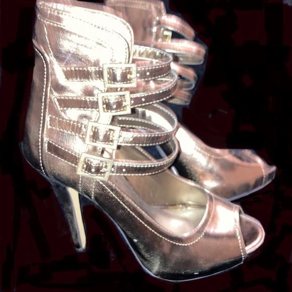 Shoe Dazzle Shoes - Shiny Copper Strappy Platform Stiletto Heels